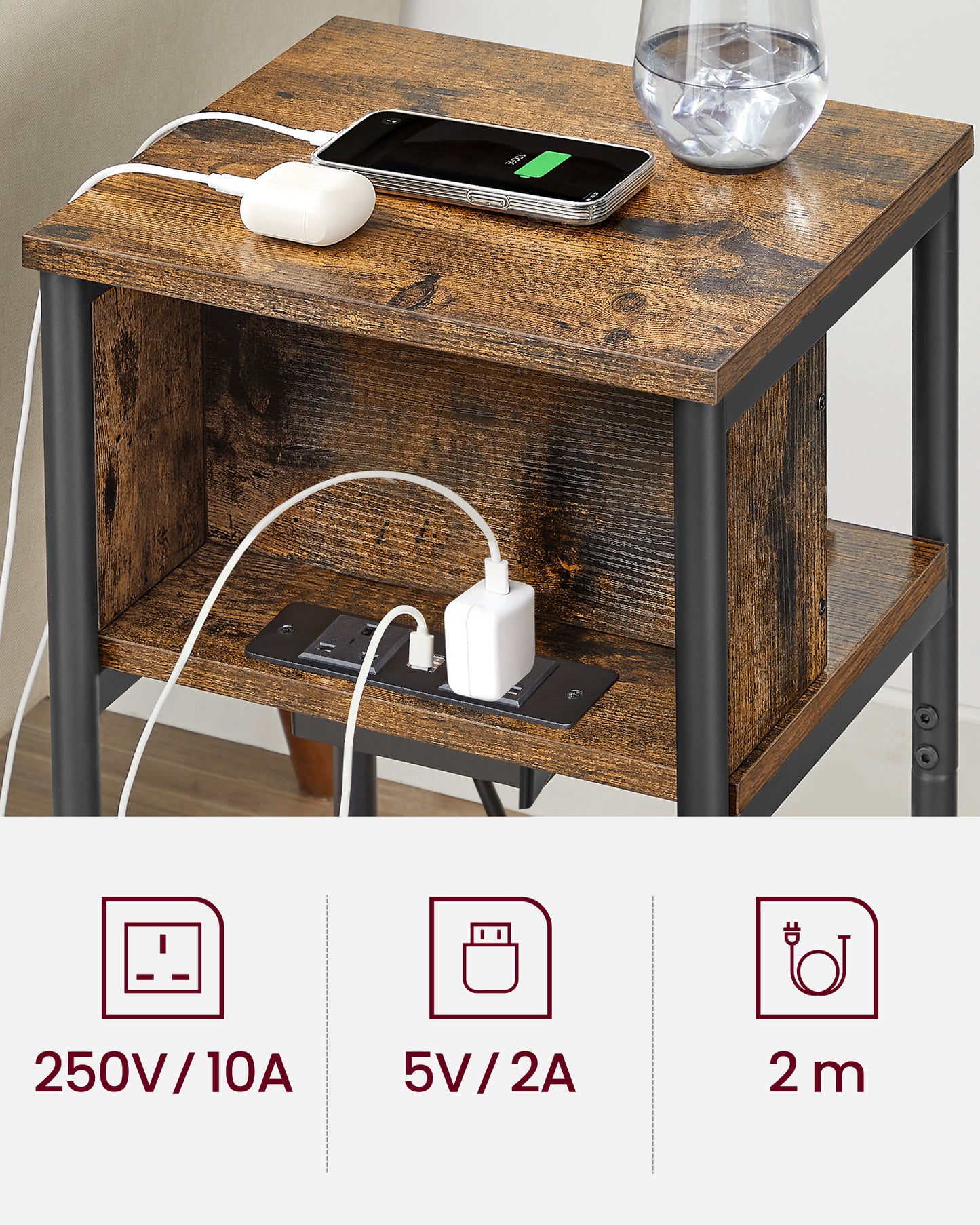 Pomoćni sto sa utičnicom Edge – tamni dekor drveta