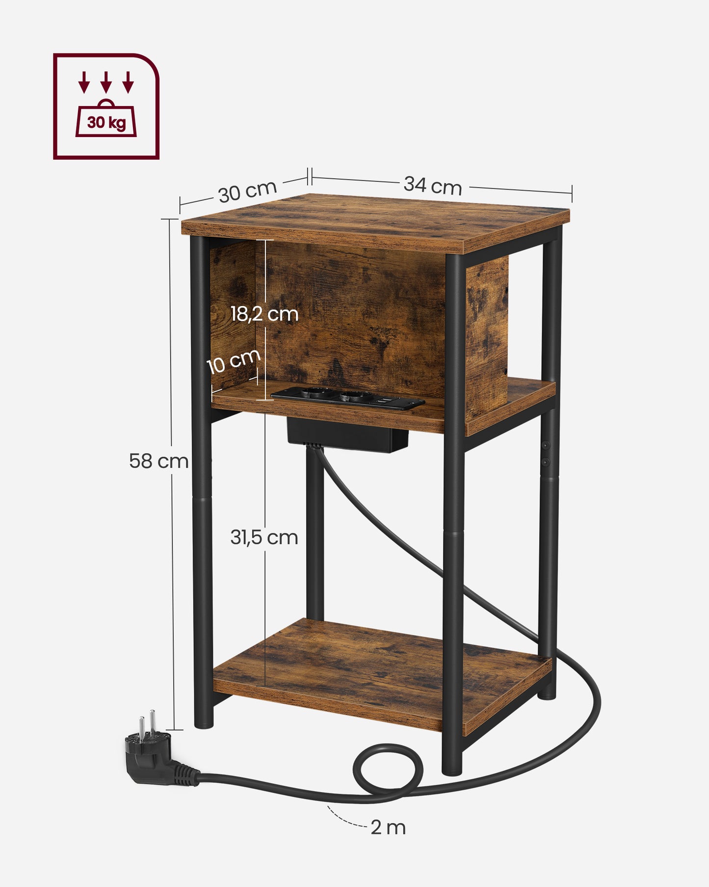 Pomoćni sto sa utičnicom Edge – tamni dekor drveta