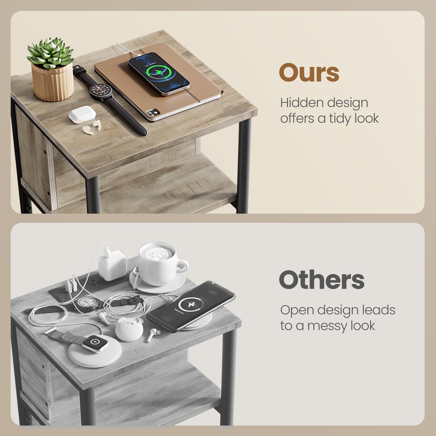 Pomoćni sto sa utičnicom Edge – svijetli dekor drveta