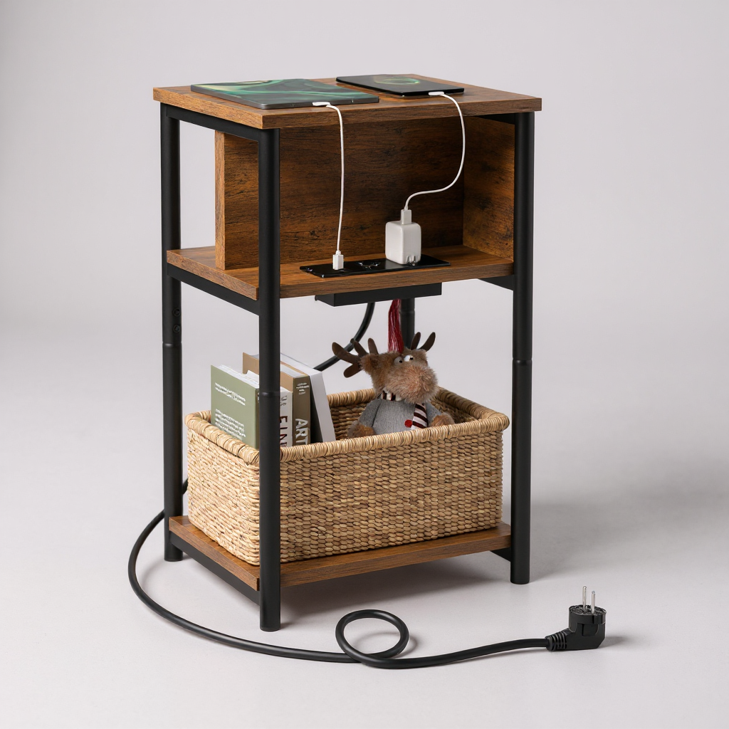 Pomoćni sto sa utičnicom Edge – tamni dekor drveta