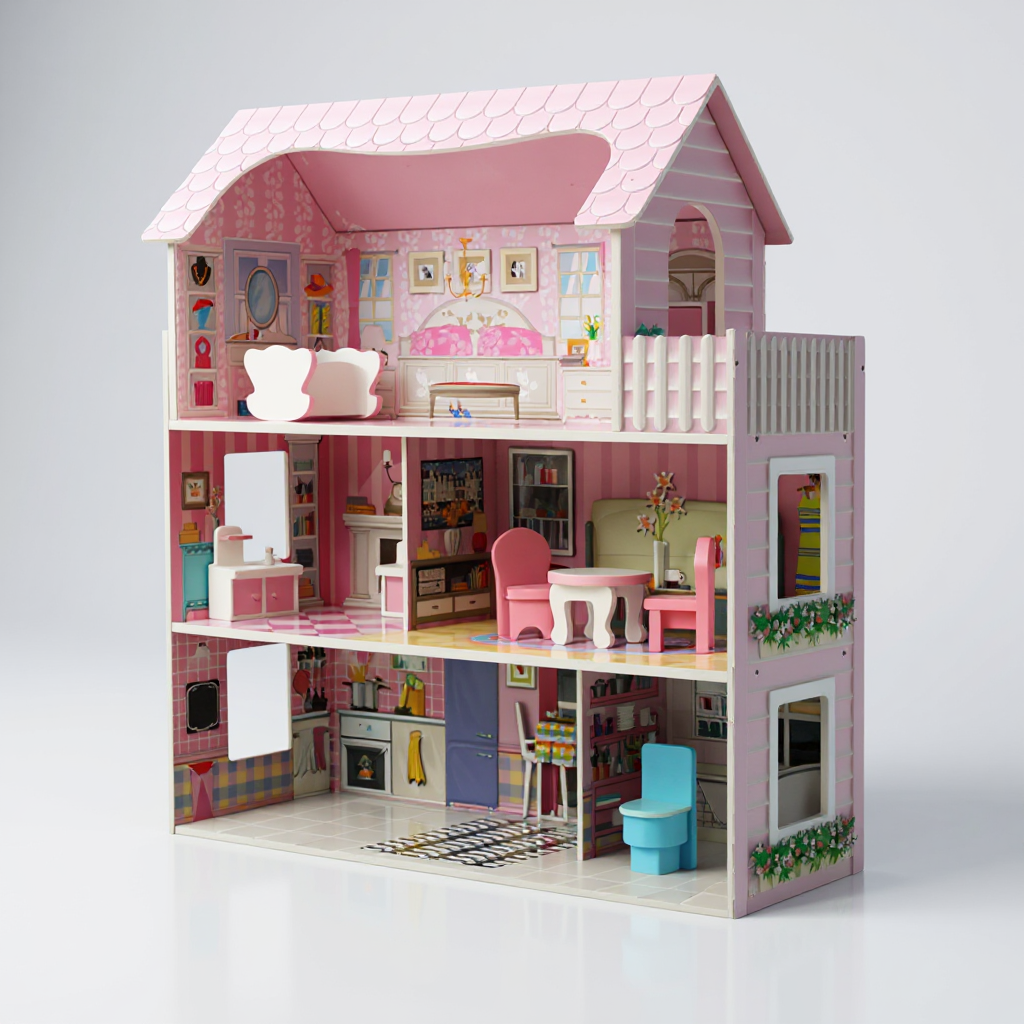 DREVENA KUĆICA ZA LUTKE BARBIE SA NAMJEŠTAJEM